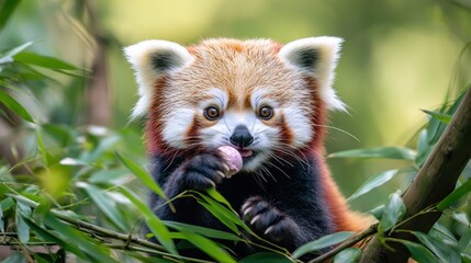 Wall Mural - Cute Red Panda Eating in Bamboo Forest