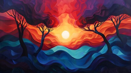 Canvas Print - Abstract Sunset Landscape with Wavy Hills.