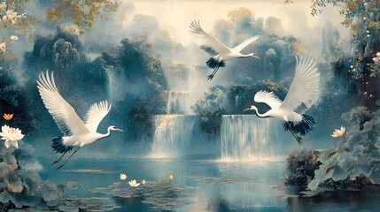 Wall Mural - painting seagull flying over water