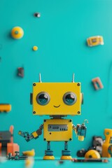 Sticker - Cute Yellow Robot with Big Eyes on a Blue Background