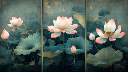 Poster - Three panels depicting painting watercolor background with lotus