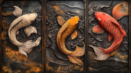 A series of three panels featuring koi fish swimming in harmony. Each panel shows the fish in different positions and orientations, with intricate scales and flowing fins