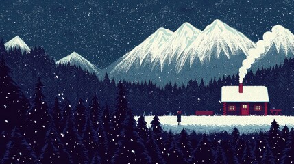 Sticker - Cozy Cabin in Snowy Mountains Night Landscape