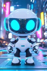 Poster - Futuristic Robot Standing on Illuminated Platform in Neon City