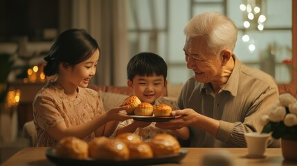 A cheerful family sharing freshly baked pastries with smiles, capturing the warmth of togetherness and joy in the cozy kitchen.