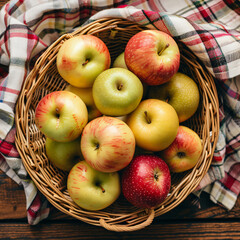 Sticker - Apples in a wicker basket high angle view on wooden