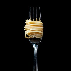 Wall Mural - silver fork with spaghetti wrapped around the tip of the fork, black background, copy and text space