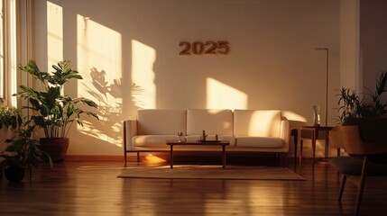 minimalist living room, the year 2025 in wooden numbers on the wall, 16:9