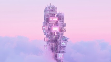 Sticker - Futuristic Skyscraper City in Pink and Purple Clouds