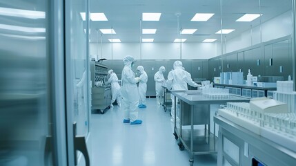 Clean room in biotech facility workers in sterile attire