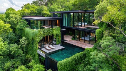 Canvas Print - Modern Villa with Infinity Pool and Lush Greenery