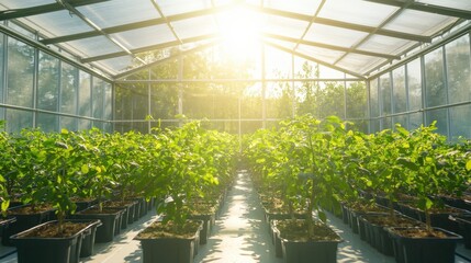 Wall Mural - Rows of Green Plants Growing in Greenhouse Under Sunlight