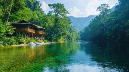 Canvas Print - Tropical River Cabin Landscape with Lush Greenery and Blue Sky