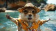 © Tuong - Gopher Beach Party: Hawaiian Shirt, Straw Hat and Sunglasses, Dancing on Beach with Paws Up, Perfect for Hotel Beach Vacation Advertising