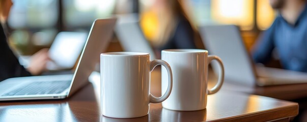 Coffee mugs and laptops on a desk, marketing team brainstorming session, blurred office scene