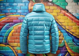 Wall Mural - A vibrant ice blue puffer jacket showcases a trendy boat neck design, layered on a colorful graffiti mural backdrop to evoke urban coolness, perfect for exploring the streets.