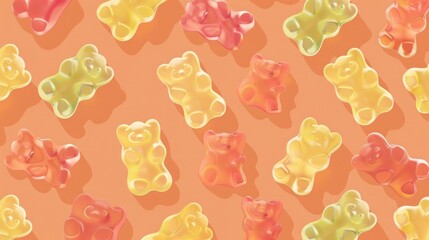 Wall Mural - Colorful gummy bears in various shades are scattered over a soft pastel orange background, forming a charming flat style illustration ideal for sweet-themed designs