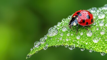 Wall Mural - Ladybug on Green Leaf with Dew Drops