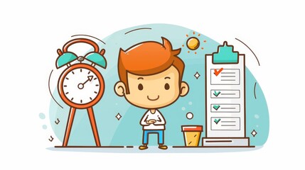 Wall Mural - Cartoon vector person organizing tasks with a to-do list and clock