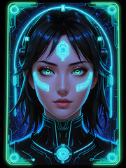 tarot card, a futuristic card illustration of a cybernetic face with neon circuits and digital effects, cyber era tarot card art, cybernetic face, neon circuits, digital effects, 