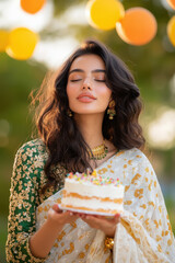 Poster - young indian woman holding beautiful birthday cake