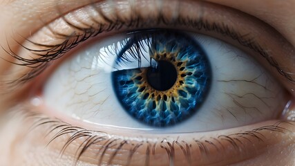 high-definition close-up of a blue eye with sharp, detailed iris textures and soft eyelashes in natu