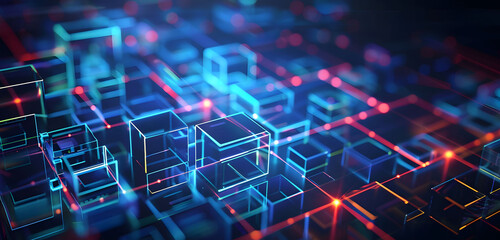 Poster - Abstract background with neon glowing digital blocks forming an illuminated maze, symbolizing the complexity of data and technology in business or science.