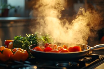 A vibrant kitchen scene with fresh vegetables, sizzling pans, and steam rising, capturing the excitement and creativity of cooking a homemade meal from scratch