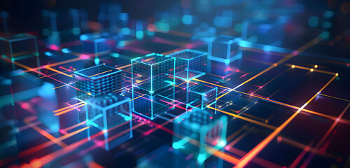 Wall Mural - Abstract background with neon glowing digital blocks forming an illuminated maze, symbolizing the complexity of data and technology in business or science.