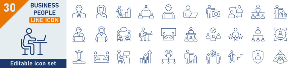 Business People line icon set. Set of 30 outline icons related to leadership, teamwork, business communication, career, male and female avatars. Editable stroke. Vector illustration.