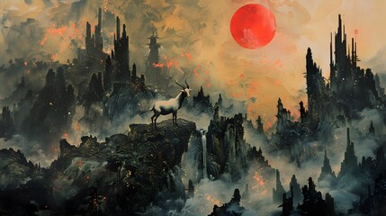 Poster - Mountain Landscape with Red Sun and Goat.