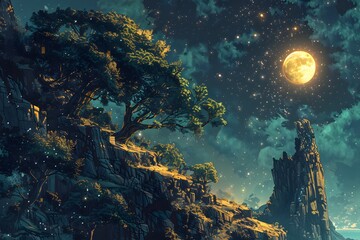 Poster - Mystical Night Landscape with Full Moon and Stars.