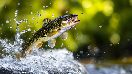 Wall Mural - Leaping Trout Fish Jumping Out of Flowing River with Splashing Water