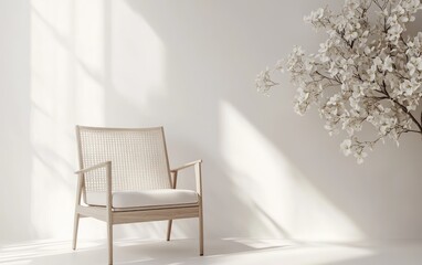 3D rendering of a chair with fresh flowers in a home decor setting against a white wall