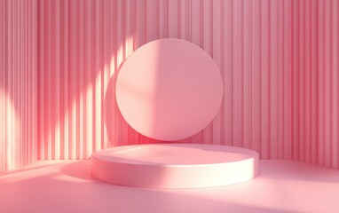 Poster - Empty podium with geometric shapes in a pink pastel composition for modern stage display and minimalist mockup featuring an abstract showcase background Concept 3D rendering