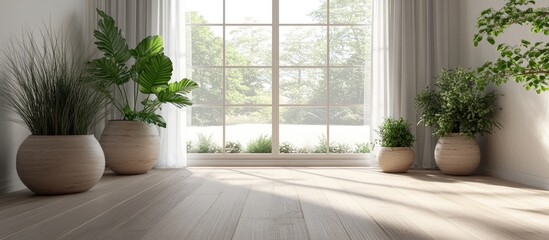 Poster - 3D rendering of a minimalist Scandinavian interior featuring plants in vases on a wooden floor large walls and a white landscape visible through the window Nordic home design concept