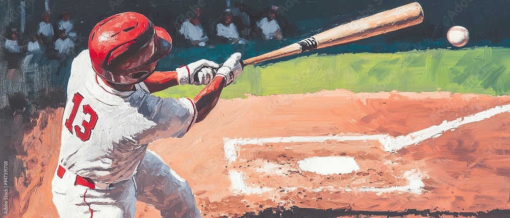 Dynamic baseball player in action, swinging bat at incoming ball ...