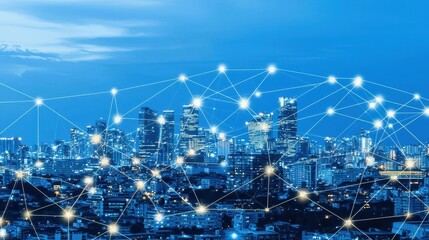 Wall Mural - Cityscape with Network Connection at Night