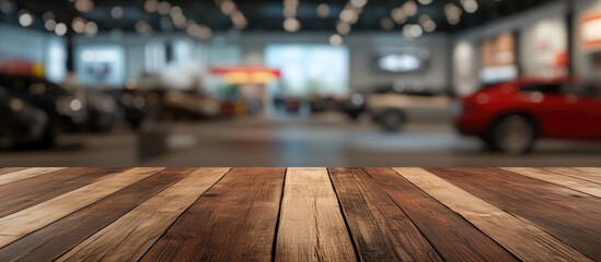 Poster - 3D rendering of a wooden table with a blurred automotive exhibition backdrop