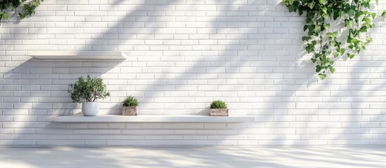 Poster - 3D rendering of empty shelves featuring decorative elements against a white brick wall backdrop