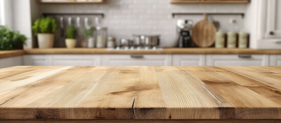 Poster - 3D rendering of a wooden tabletop with a blurred kitchen background suitable for product display or design layout mockups