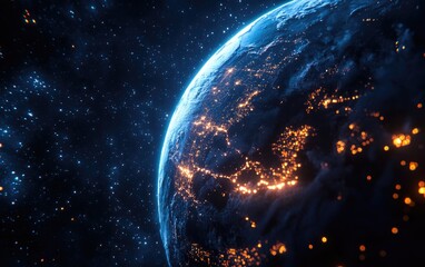 Aufkleber - Nightly Earth depicted in outer space through 3D cartoon rendering Abstract wallpaper showcasing city lights and civilization on the planet