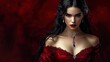 © Alex - Enchanting Vampire Lady in Luxurious Red Gown: A Captivating Poster for Dramatic Decor and Sports Interiors, Featuring Mysterious Elegance Against Rich Crimson Background