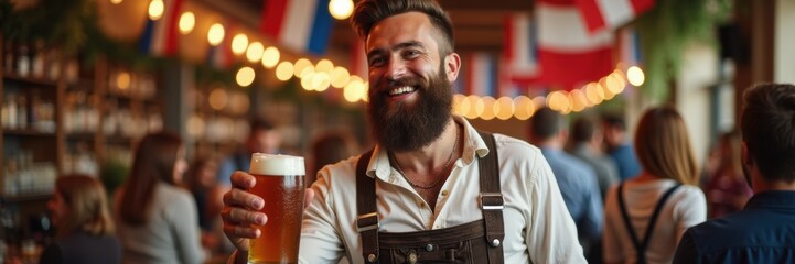 Wall Mural - A jovial bartender proudly holds a pint of beer in a lively tavern, capturing the essence of hospitality and celebration in a warm, inviting atmosphere.