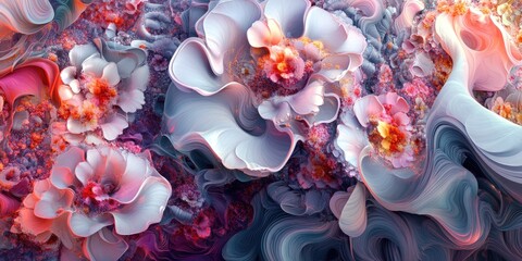 Poster - Abstract fractal patterns and shapes in a 3D cartoon rendering Dynamic flowing natural forms flowers and spirals create a mysterious psychedelic relaxation pattern