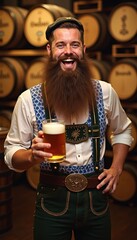 Wall Mural - A jovial man in traditional Bavarian attire holds a pint of beer, set against a backdrop of wooden barrels, perfect for brewery and event promotions.