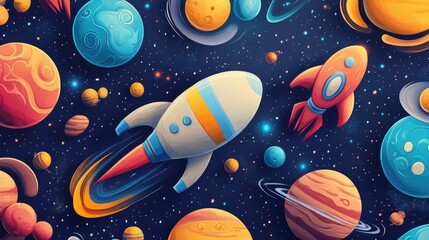 Aufkleber - Hand drawn seamless pattern featuring planets and spaceships in a 3D cartoon style for a children s background