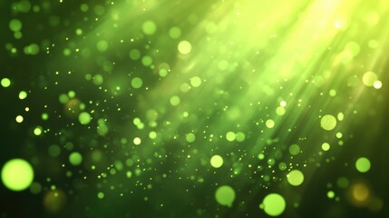 Poster - Abstract bright green glowing background with flying dots circles bokeh energy particles and light rays in a 3D cartoon rendering