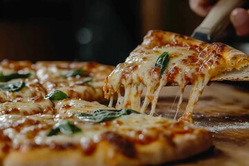 Freshly baked pizza being sliced on a wooden board, with bubbling cheese, fresh basil, and a crispy crust, capturing the essence of comfort food at its best