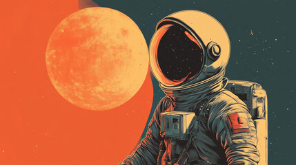 vintage-style illustration of an astronaut looking into space, with a stylized sun in the backdrop. 